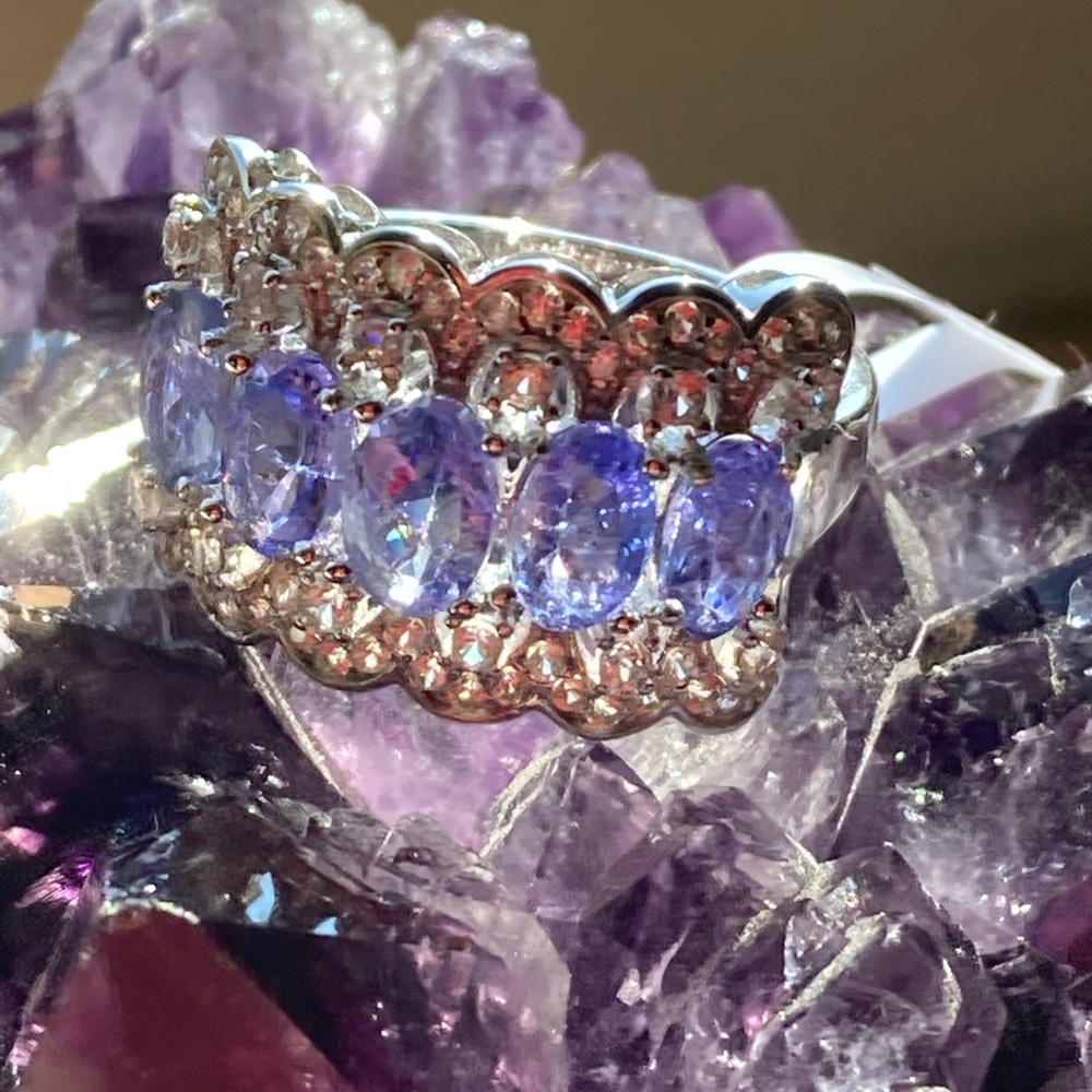 1.75ct purple blue Tanzanite with 1.40ct white zircon sterling silver ring